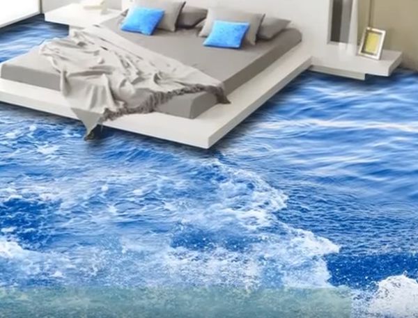 Piso 3D em dormitório do casal com imagem de ondas do oceano